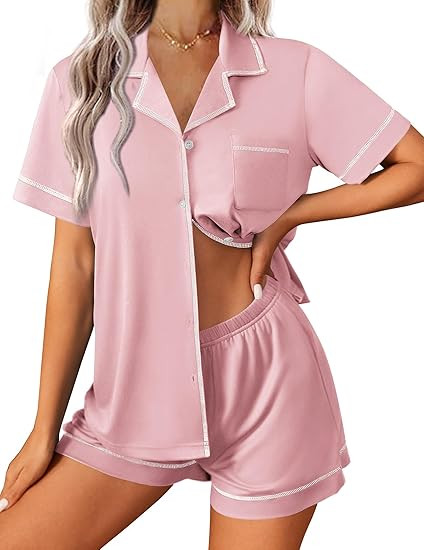 Ekouaer Womens Pajama Set Button Down Sleepwear Short Sleeve Pjs Top and Short with Pocket Soft L... | Amazon (US)