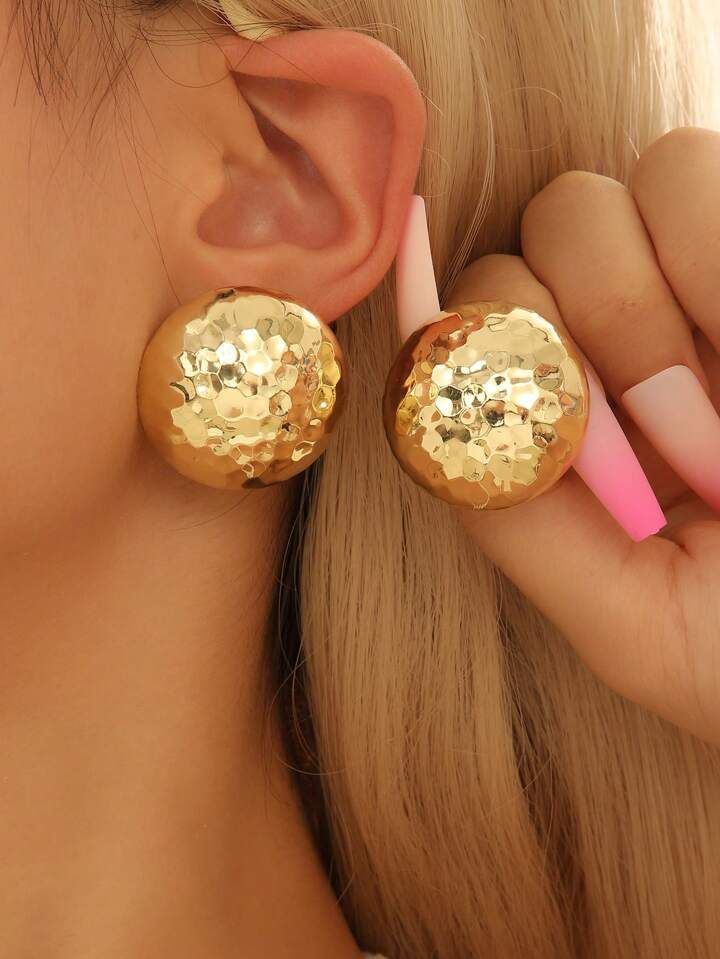 1pair Women's Golden Color Faceted Circular Stud Earrings | SHEIN