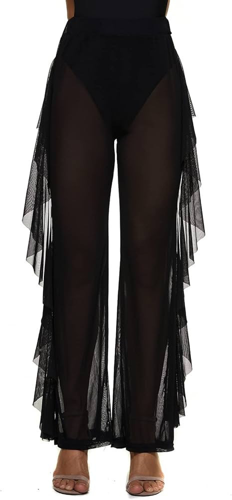 Willow Dance Women's Perspective Sheer Mesh Ruffle Pants Swimsuit Bikini Bottom Cover Up Pants | Amazon (US)
