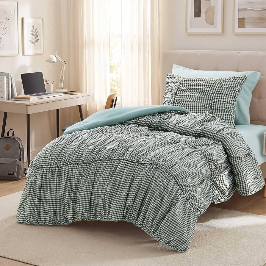 Gingham Twin Size Comforter Set, Pleated Bedding Set with Double-Sided Design, Lightweight & Soft... | Amazon (US)
