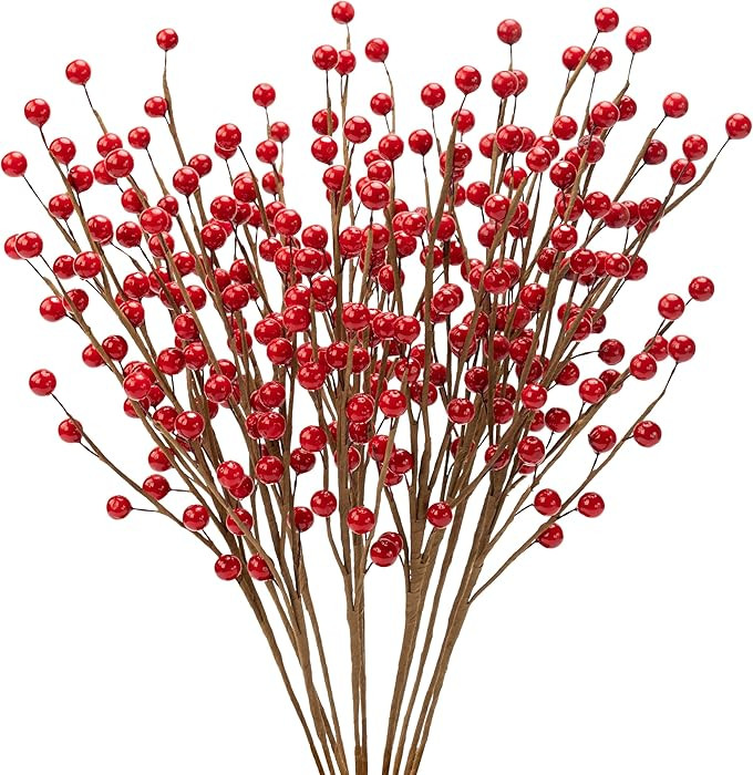 12Pcs Artificial Red Berries Stems, 13.5" Waterproof Burgundy Berry Branches with 25 Berries, Hol... | Amazon (US)