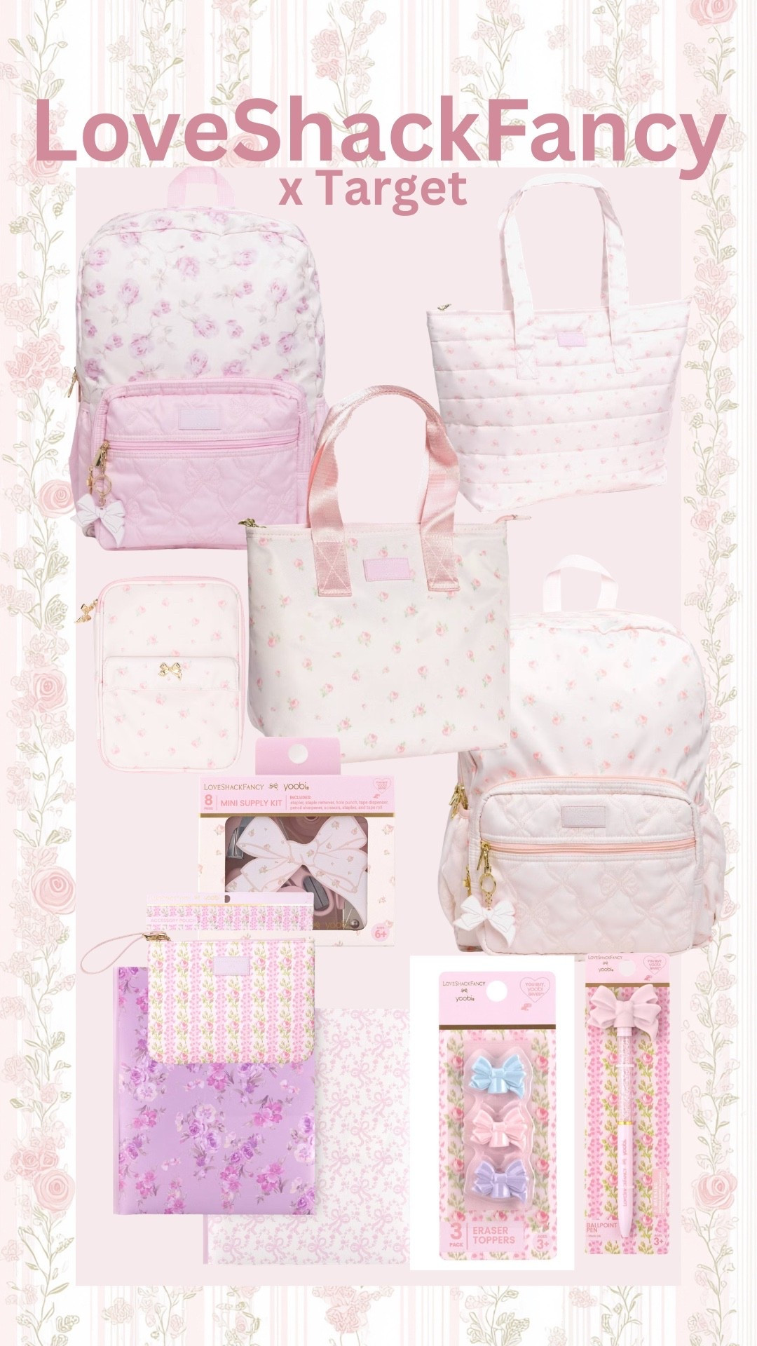 LoveShackFancy x Target favorites
School supplies
Office 
Backpack 
Pink