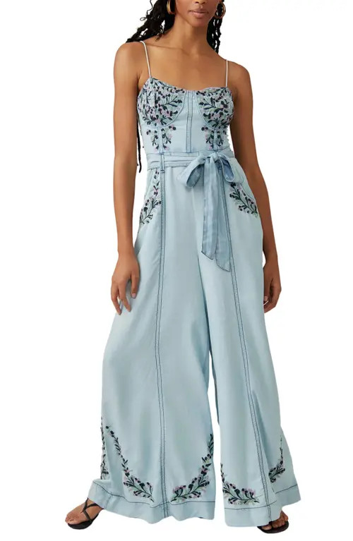 Free People Brigitte Embroidered Wide Leg Denim Jumpsuit in Dark Indigo Combo at Nordstrom, Size Lar | Nordstrom