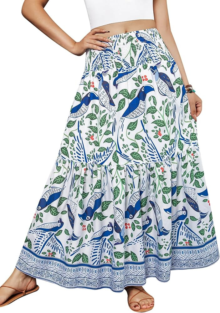 YHYJMY Women's Boho Skirt Elastic High Waist Pleated A-Line Flared Maxi Skirts Womens Flowy Long ... | Amazon (US)