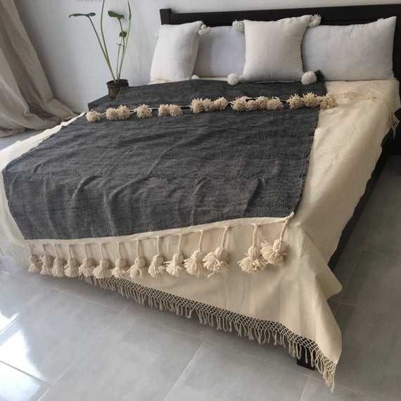 Moroccan Pom Pom Black Cotton Blanket and throw with braided tassels loomed by hand for Eclectic ... | Etsy (US)