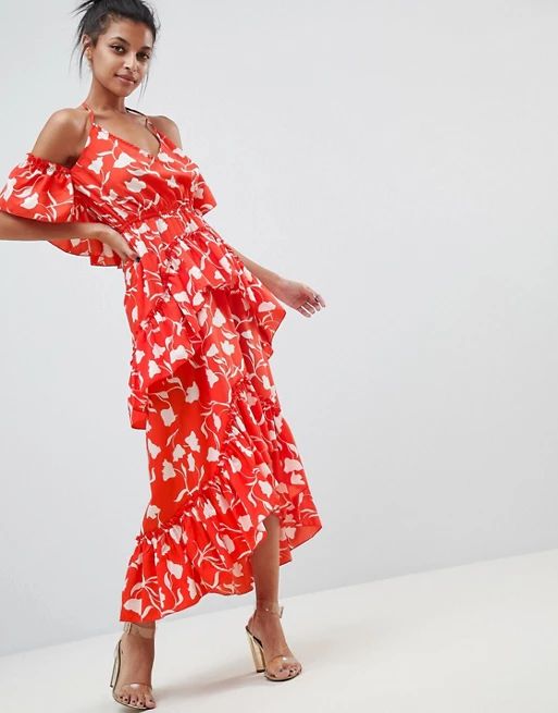 ASOS DESIGN senorita floral print tiered frill halter maxi beach dress | ASOS US