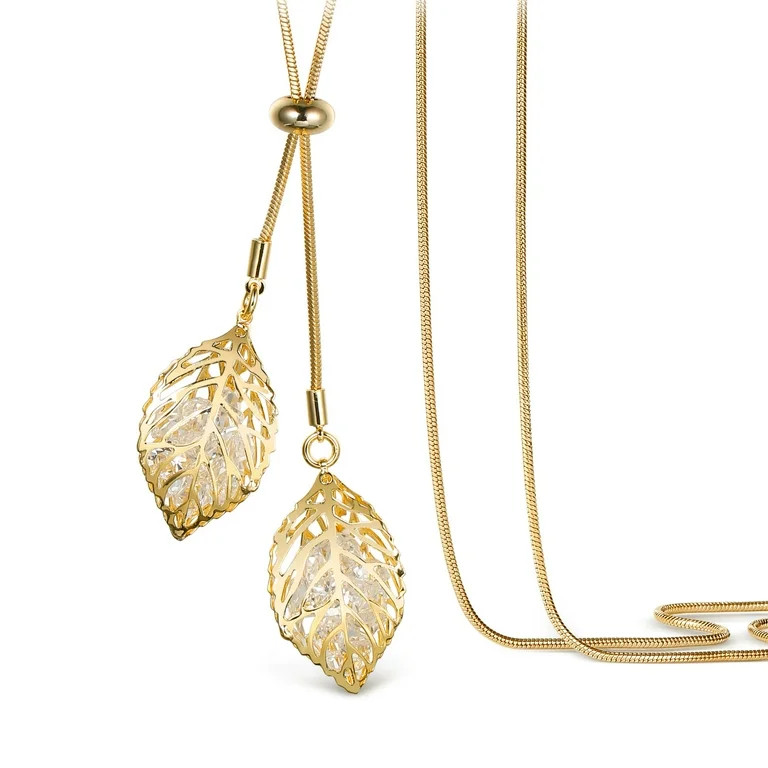 T400 Long Chain Necklace for Women Double Leaves Pendant Golden Jewelry | Walmart (US)