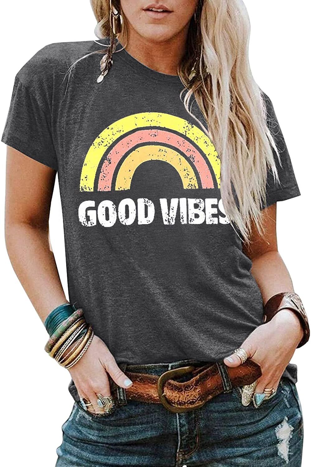 YEXIPO Womens Summer T Shirts Short Sleeve Graphic Tees Rainbow Funny Letter Print Casual Loose C... | Amazon (US)
