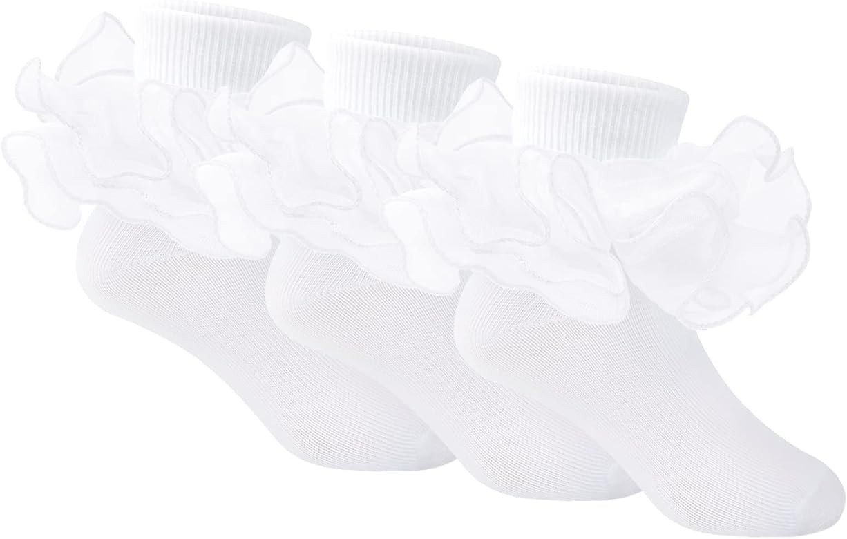 Auranso 3 Pack Girls Lace Ruffle Socks Big Double Frilly Turn Cuff Dress Socks | Amazon (US)