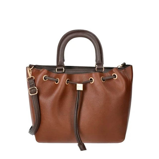 Time and Tru Women's Brynlee Faux Leather Drawstring Tote Handbag, Chestnut/Espresso | Walmart (US)