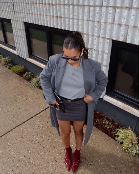 grey and burgundy outfit, grey and red outfit, grey sweater, grey mini skirt, grey coat 