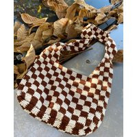Brown Checkered Crochet Bag, Baguette Shoulder Hot Girl College Valentines Day Gift For Woman | Etsy (US)
