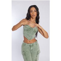 Petite Washed Green Denim Seam Detail Corset | PrettyLittleThing US