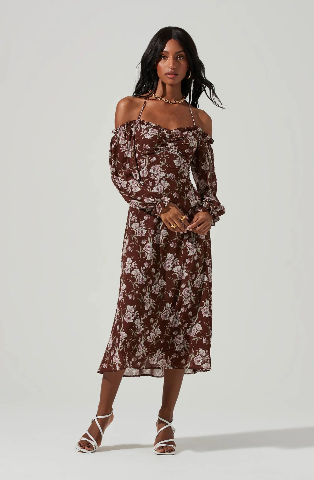 Off Shoulder Long Sleeve Cinched Bust Midi Dress | ASTR The Label (US)