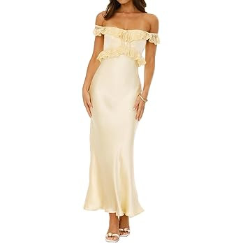 Satin Off The Shoulder Sleeveless Lace Trim Maxi Dress 2025 Summer Elegant Formal Bridesmaid Dres... | Amazon (US)