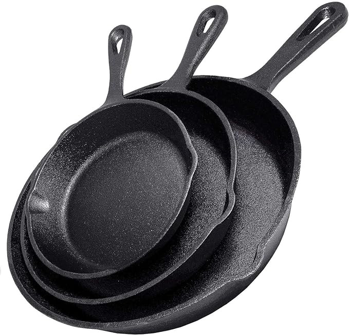 Cast Iron Skillet 3-Piece Set - Heavy-Duty Professional Restaurant Chef Quality Pre-Seasoned Pan ... | Amazon (US)