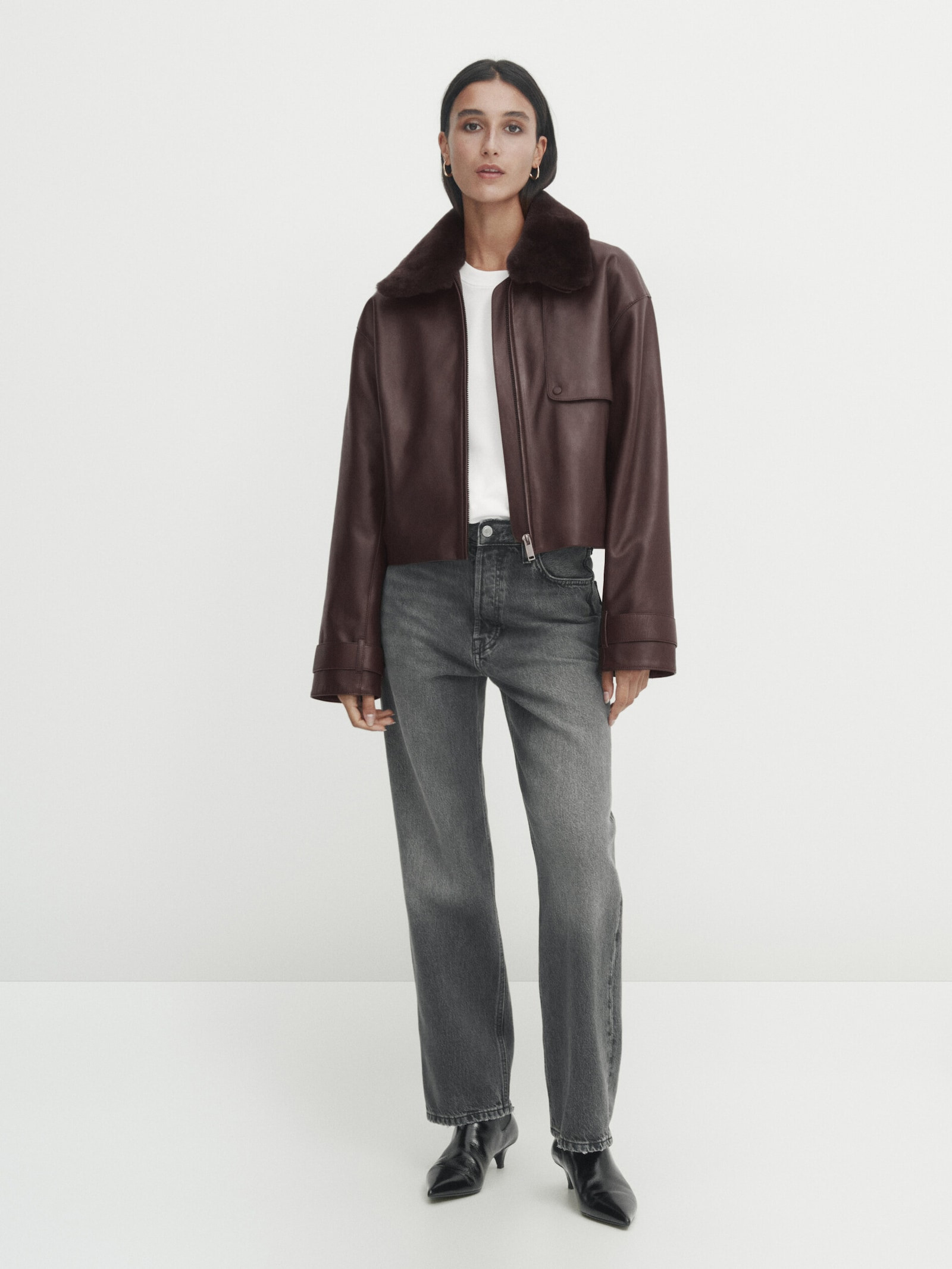 Nappa leather jacket with furskin collar | Massimo Dutti UK