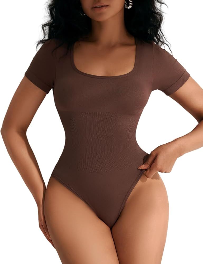 MOVWIN Women’s Bodysuit Tummy Control Seamless Short Sleeve Body Suit Shapewear Thong Square Ne... | Amazon (US)