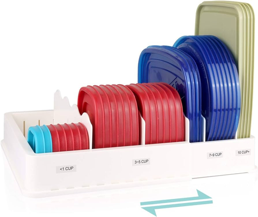 SWOMMOLY Expandable Food Storage Container Lid Organizer, Includes 6 Adjustable Dividers, 30 Prep... | Amazon (US)