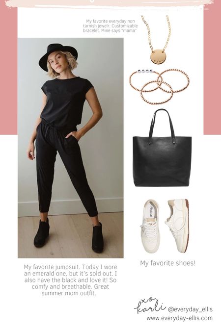 Summer fashion jumpsuit. Black jumpsuit. Albion fit. Madewell shoes. Madewell bag. Purse. Mom bag. Jewelry. Mama jewelry. Made by Mary  

#LTKunder100 #LTKshoecrush #LTKitbag