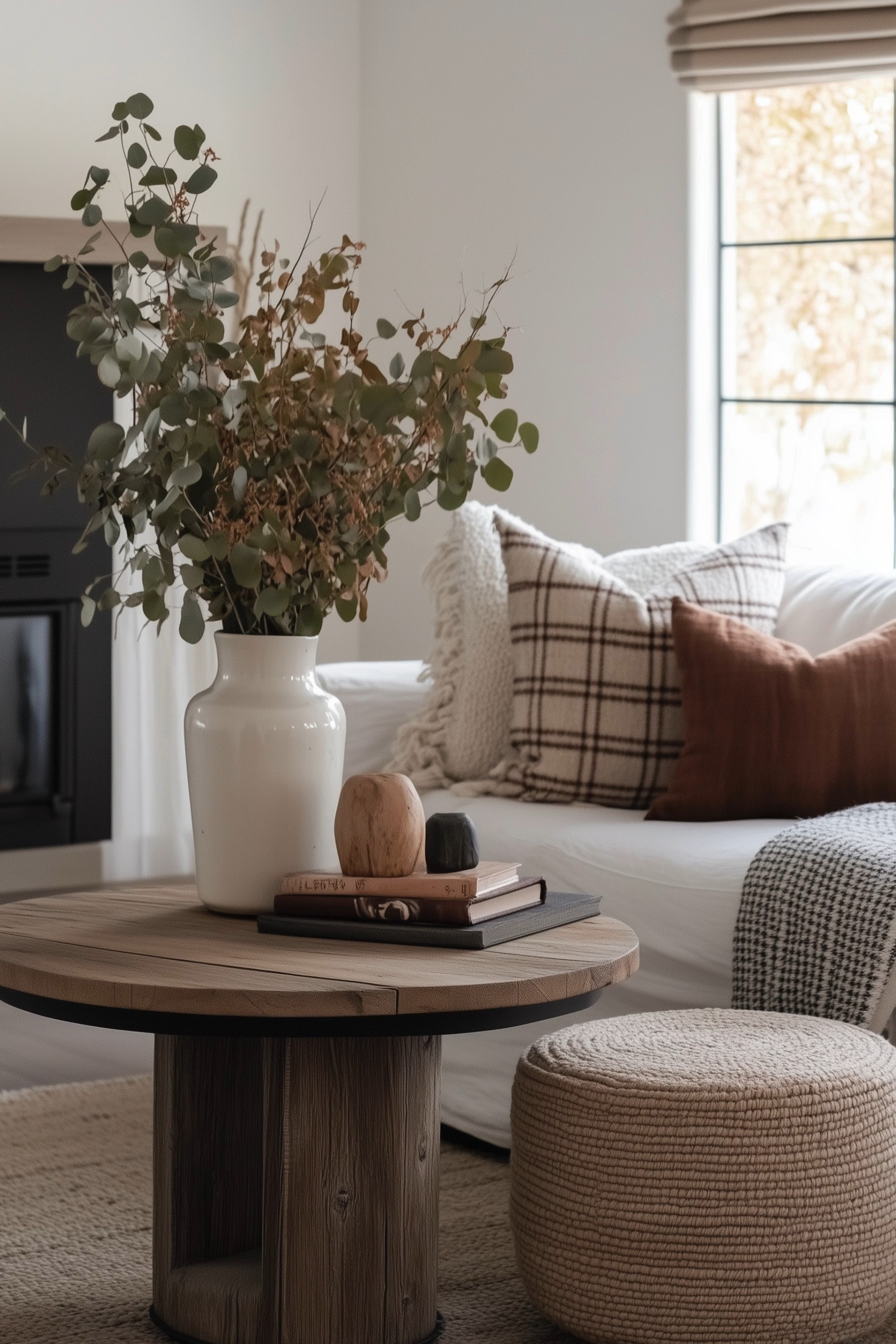 Warm Neutral Living Room Refresh — an organic modern space with a round pedestal coffee table, white slipcovered sofa, cozy knit throw, plaid boucle pillow, and a rich rust accent cushion. A sculptural ceramic vase with eucalyptus, textured jute rug, woven pouf, and soft roman shades create a calm fall-to-winter vibe that blends Scandinavian simplicity with modern farmhouse charm. 🖤 If you want to see more content like this, FOLLOW maeveandmodern on LTK, Instagram, and Pinterest! Check out our blog where we post daily, maeveandmodern.com! Neutral living room | Organic modern decor | Cozy fall styling | Round wood coffee table | White slipcovered sofa | Plaid throw pillow | Rust accent pillow | Ceramic vase styling | Eucalyptus branches | Knitted pouf | Jute rug | Roman shades | Houndstooth throw | Minimalist fireplace | Modern farmhouse accents | Scandinavian-inspired home | Warm earthy tones | Coffee table books | Textured layers #LTKFindsUnder100

#LTKHome#LTKSaleAlert#LTKSeasonal#LTKHome#LTKSaleAlert