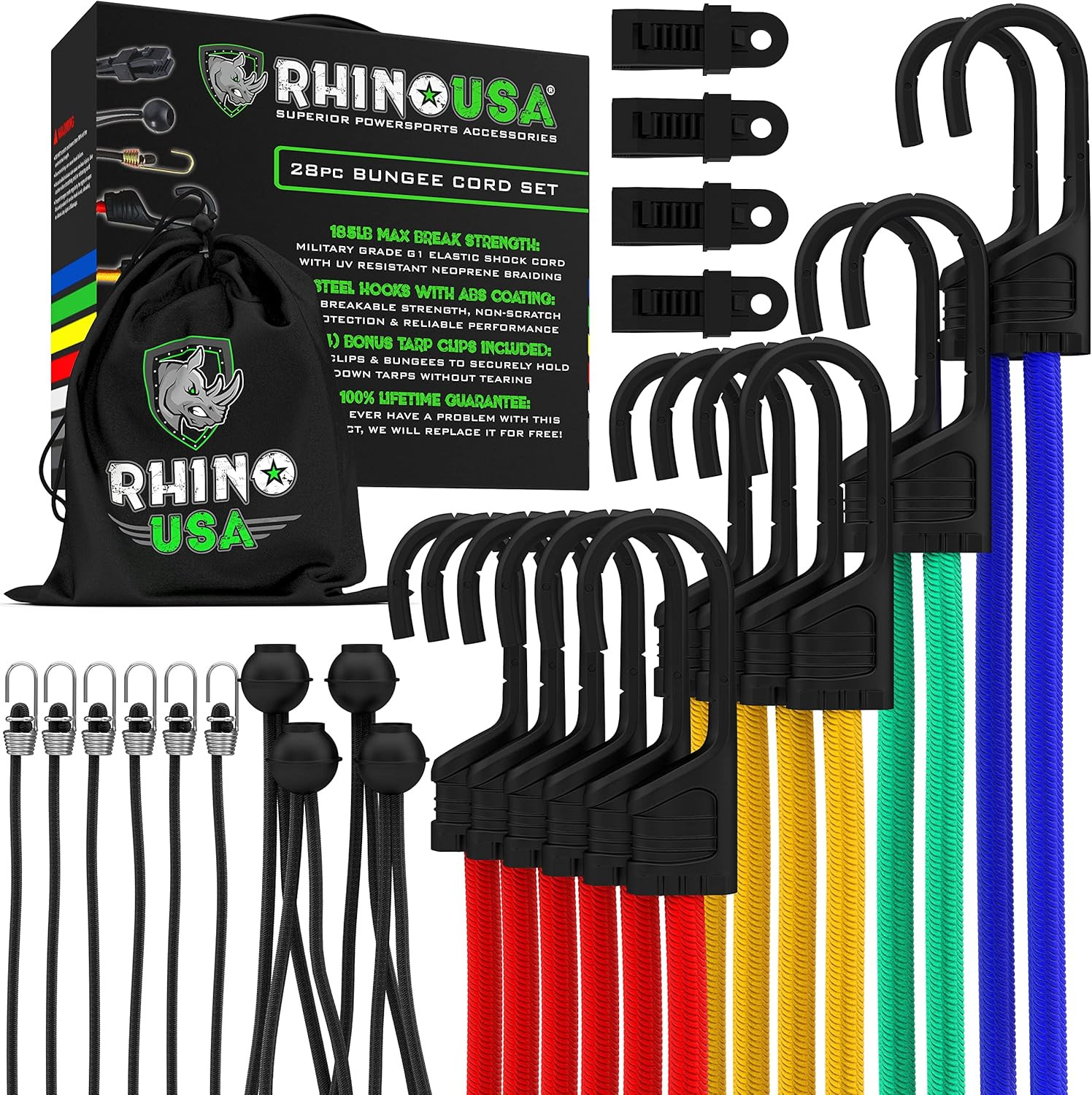 RHINO USA Bungee Cords with Hooks - Heavy Duty 28pc Assortment with 4 Free Tarp Clips, Drawstring... | Amazon (US)