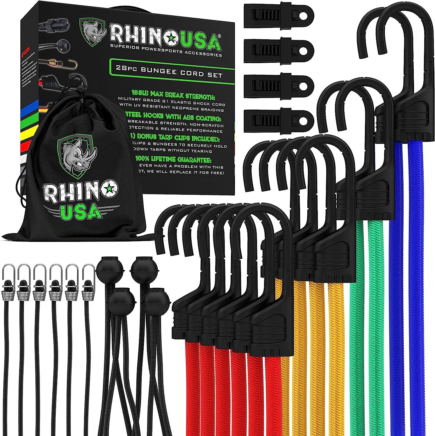 RHINO USA Bungee Cords with Hooks - Heavy Duty 28pc Assortment with 4 Free Tarp Clips, Drawstring... | Amazon (US)