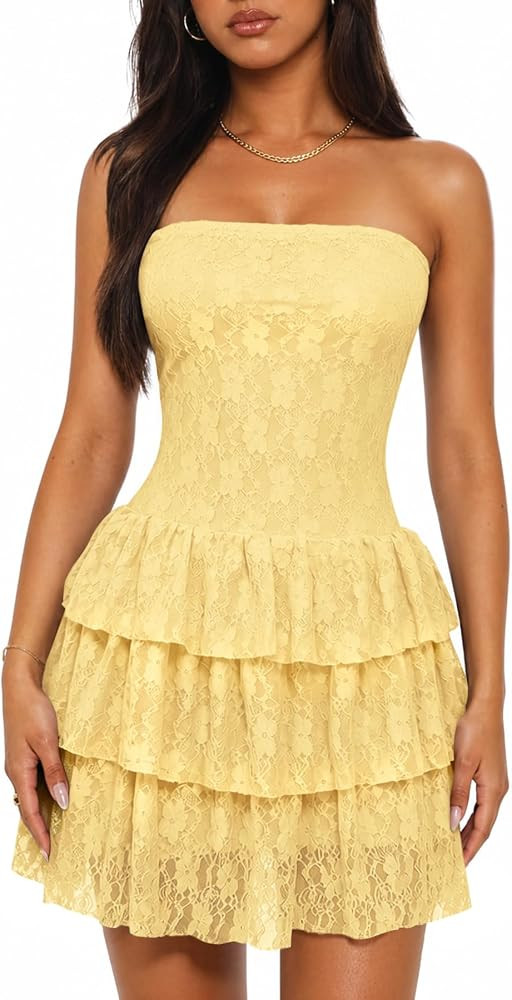 Muchpow Women's Strapless Mini Dress Lace Ruffle Dresses | Amazon (US)