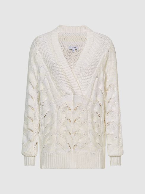Reiss Ivory Claudine Cable Knit Shawl Neck Jumper | Reiss UK