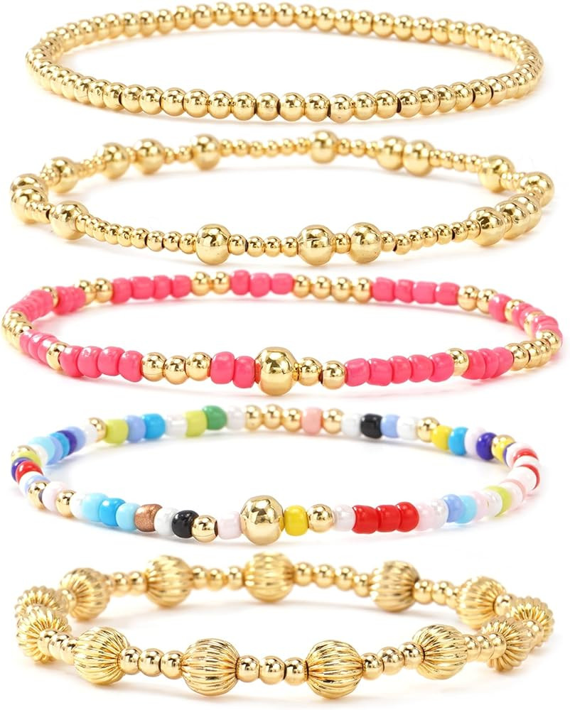 14K Gold Pearl Beaded Cross Bracelets Stack Set for Women,Stretch Boho Colorful Christian Beads B... | Amazon (US)