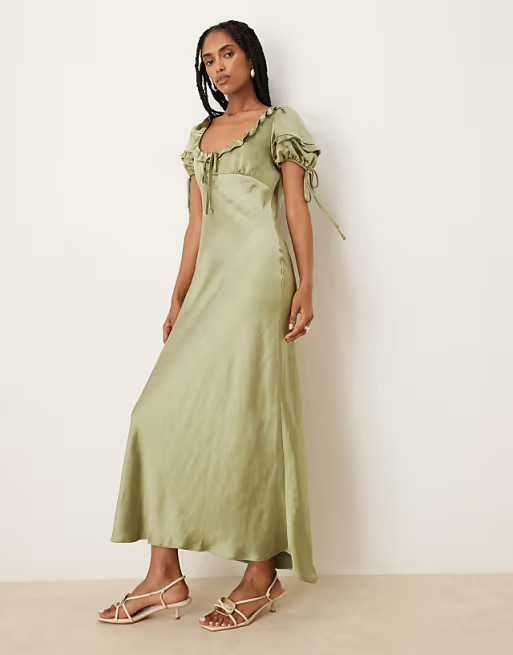 ASOS DESIGN milkmaid tie puff sleeve midi dress in green | ASOS (Global)