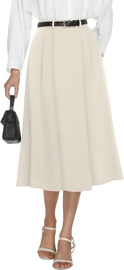 A-Line Midi Skirts for Women Business Skirt | Elastic High Waisted, Pleated with Pockets, Work Sk... | Amazon (US)