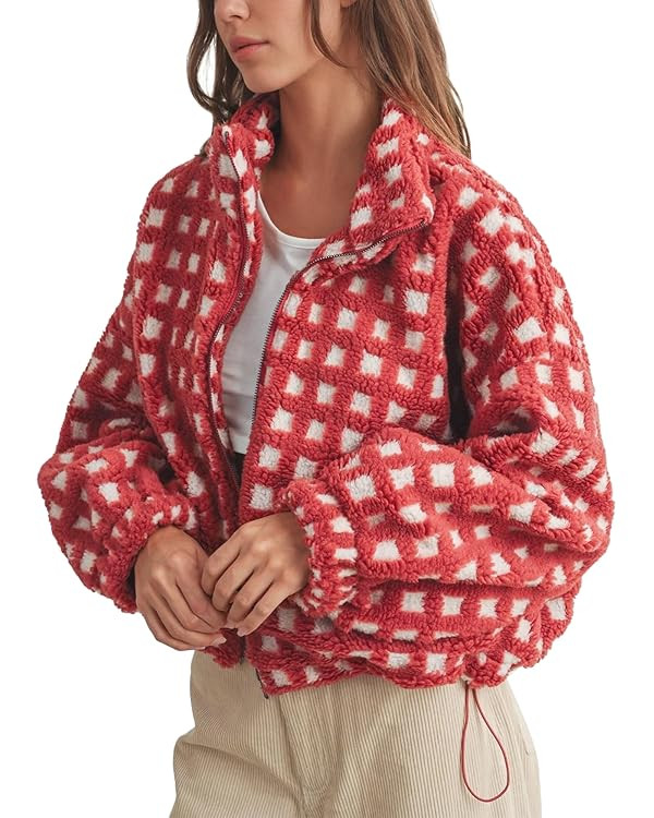 Womens Checkered Sherpa Jacket Cropped Long Sleeve Plaid Fleece Coats Casual Zip Up Gingham Outwe... | Amazon (US)