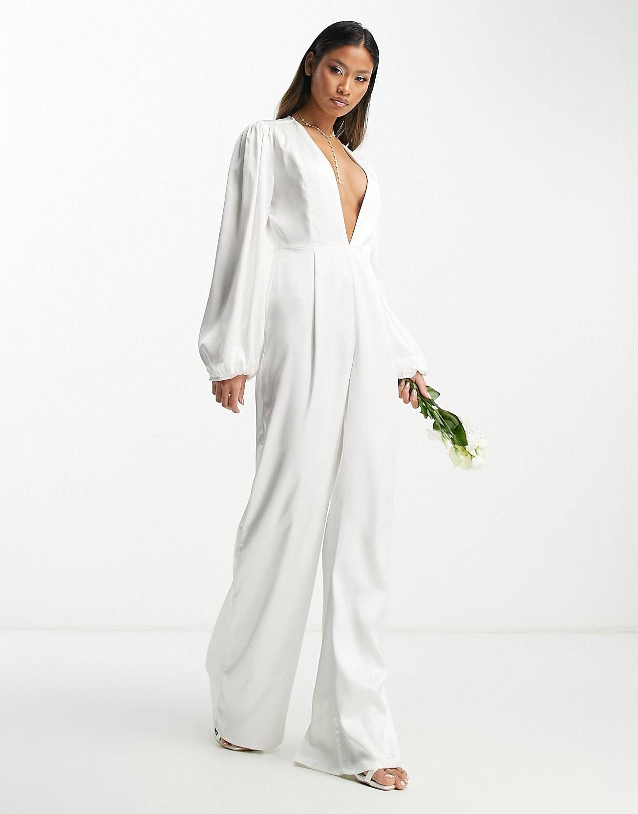 Extro & Vert Bridal plunge front satin jumpsuit with balloon sleeves | ASOS (Global)