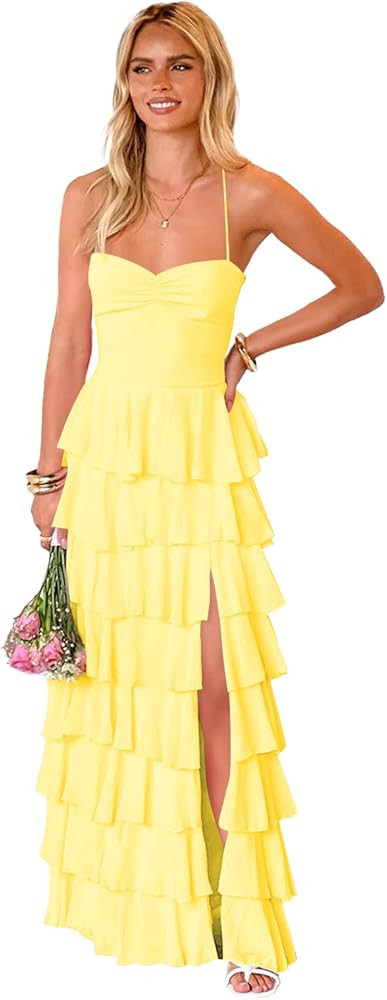 Tiered Ruffle Chiffon Prom Dresses for Women Spaghetti Straps A-Line Long Formal Evening Party Go... | Amazon (US)