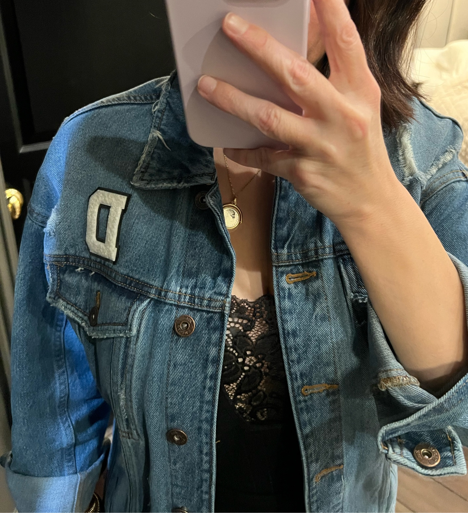 Added an initial patch to my Jean jacket for a more personalized look. Lace bodysuit is super soft and stretchy  

#LTKstyletip #LTKunder100 #LTKunder50