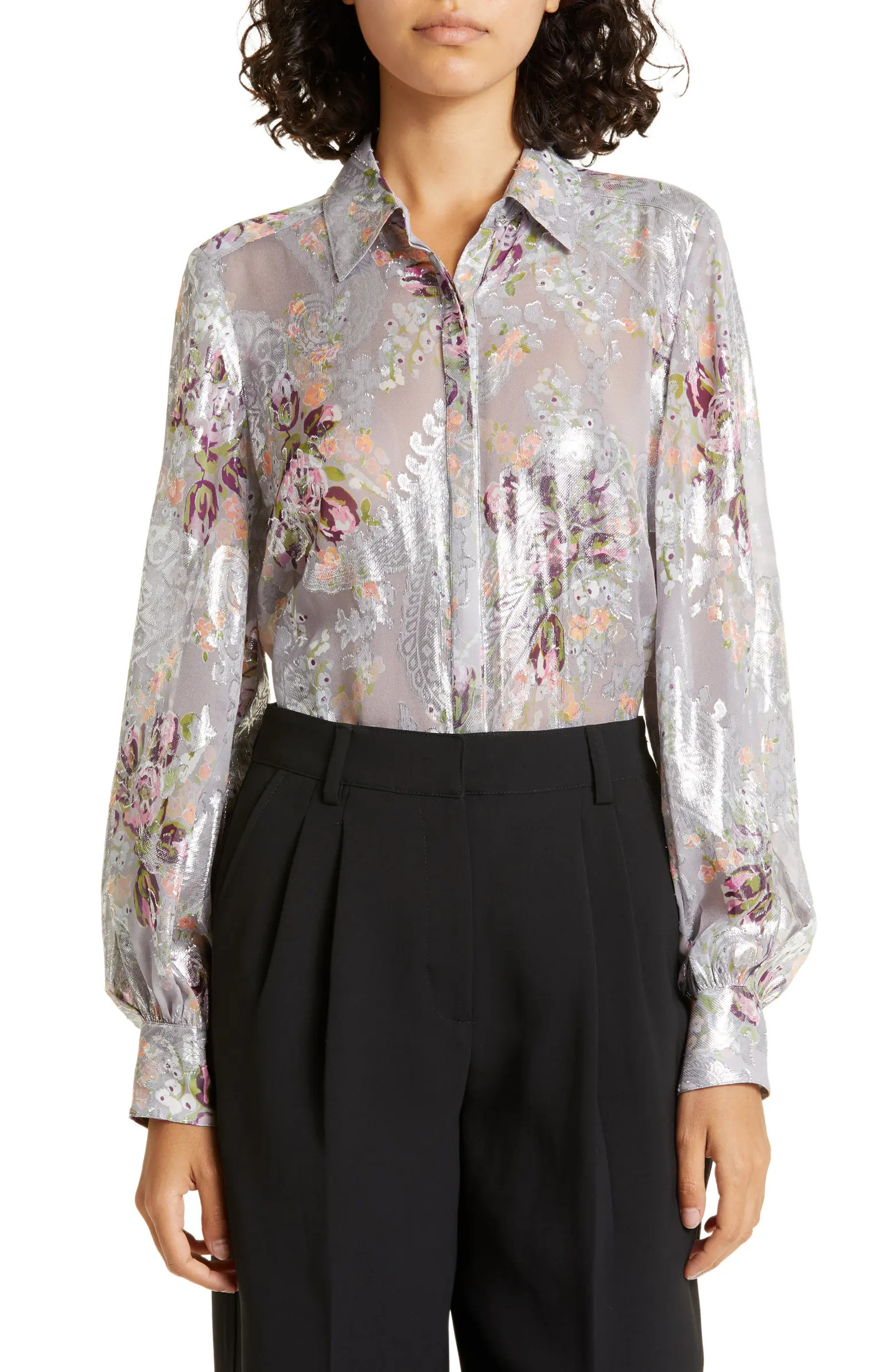 Claudette Floral Print Metallic Silk Blouse | Nordstrom