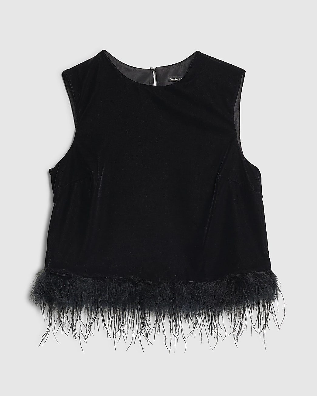Black Velvet Sleeveless Feather Trim Top | River Island UK & IE