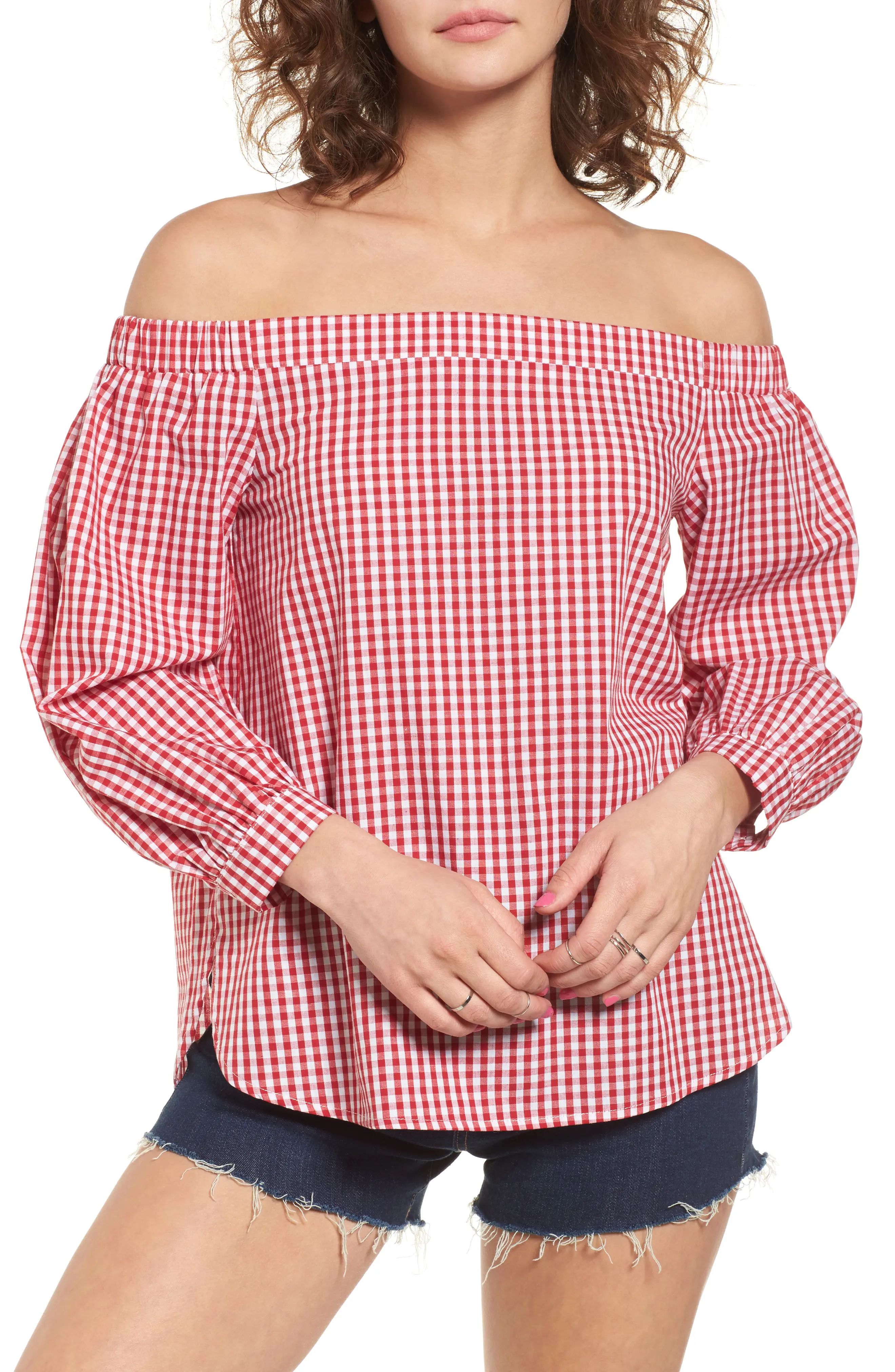 Gingham Off the Shoulder Bubble Sleeve Top | Nordstrom