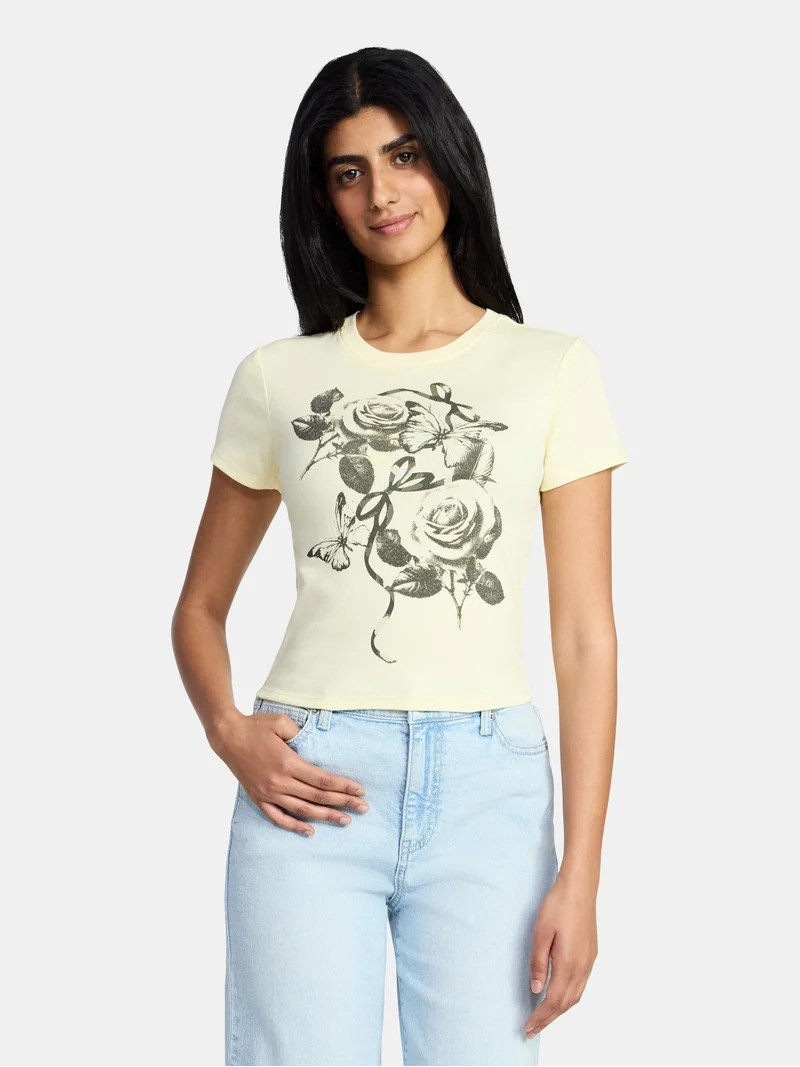 Rose Butterfly Bow Women's Graphic Baby Tee with Short Sleeves, Sizes XXS-XXL | Walmart (US)