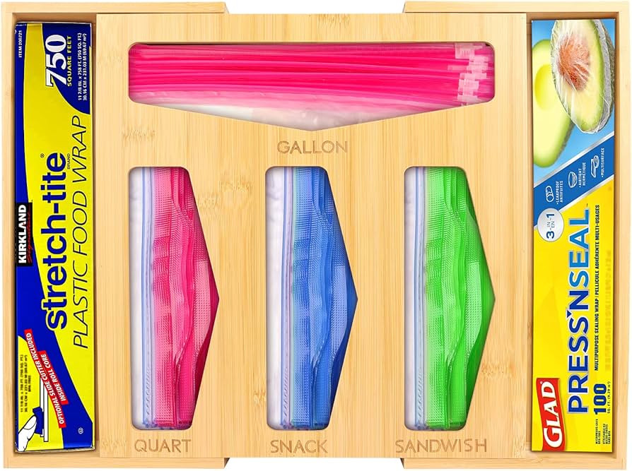 Ziplock Bag Storage Organizer for Kitchen Drawer, Expandable Bamboo Baggie Organizer, Plastic Foo... | Amazon (US)