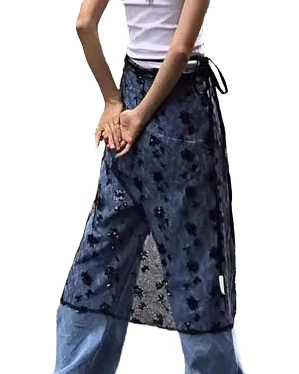 Korean See Through Sequins Flower Lace Long Skirt for Women Tie Up Sheer Hip Wrap Covering Apron ... | Amazon (UK)