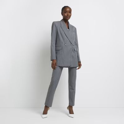 Grey pinstriped double breasted blazer | River Island (UK & IE)