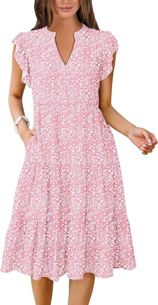 Womens Summer Dress Ruffle Sleeve V Neck Midi Dresses Fashion Casual Fit Flowy Tiered Boho Beach ... | Amazon (US)