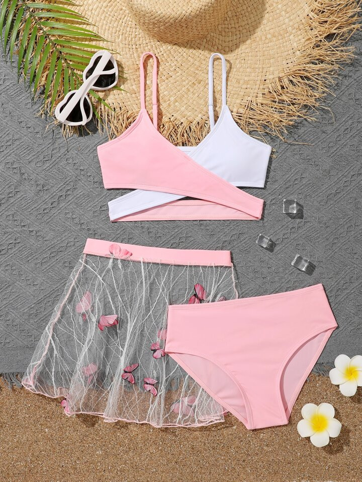 Tween Girl Two Tone Wrap Cross Bikini Swimsuit & Butterfly Print Beach Skirt | SHEIN USA | SHEIN
