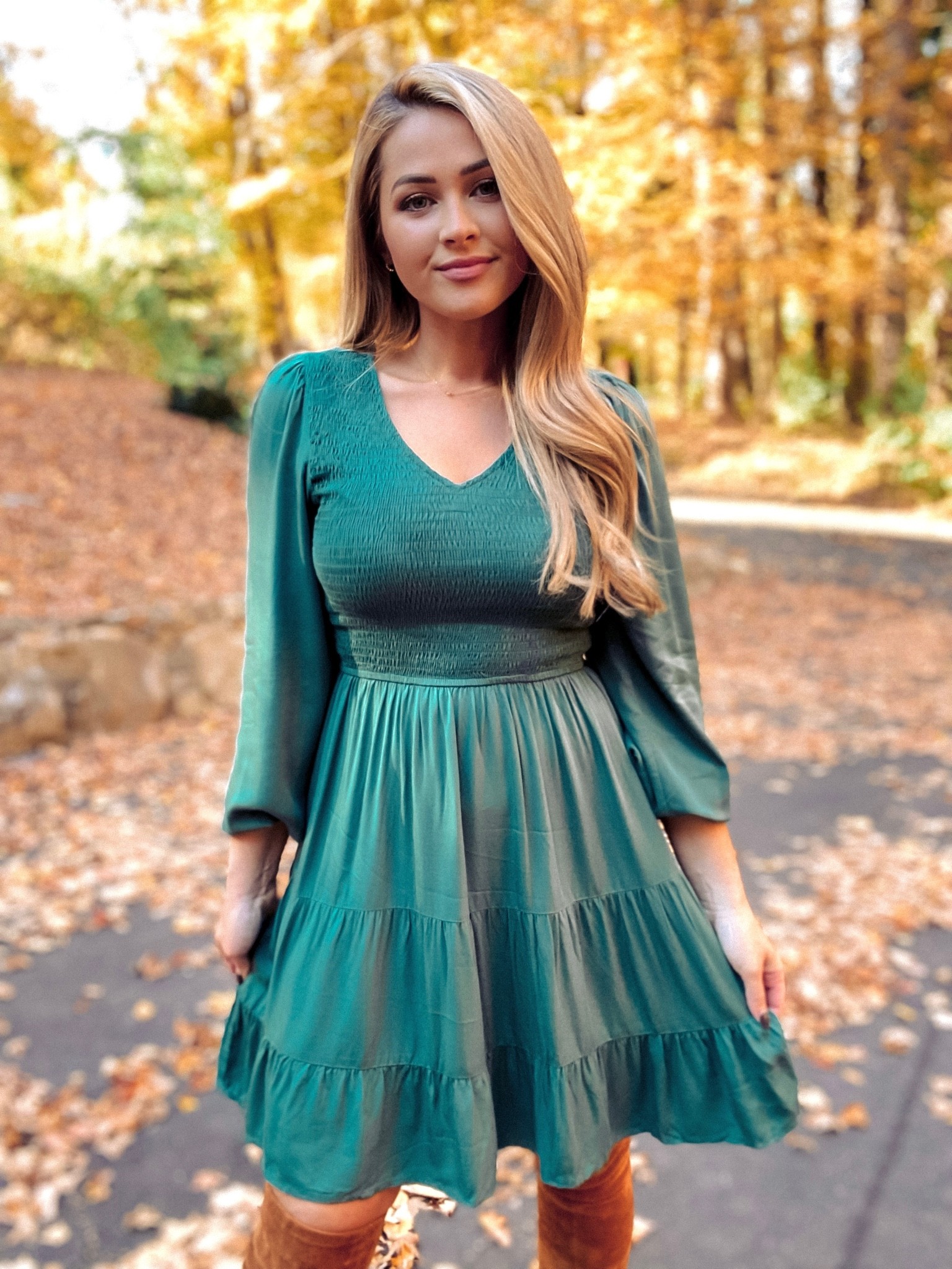 Another holiday fall or winter dress idea! Casual or a bit dressed up… smocked v neck and comes in many colors.

Different colors can make this festive for thanksgiving, Christmas or any holiday party and occasion!

This dress is an Amazon find, runs tts.

Over the knee boots are from Goodnight Macaroon — super comfy and comes in many colors (wearing the tan chestnut color!). 



#LTKHoliday #LTKstyletip #LTKSeasonal