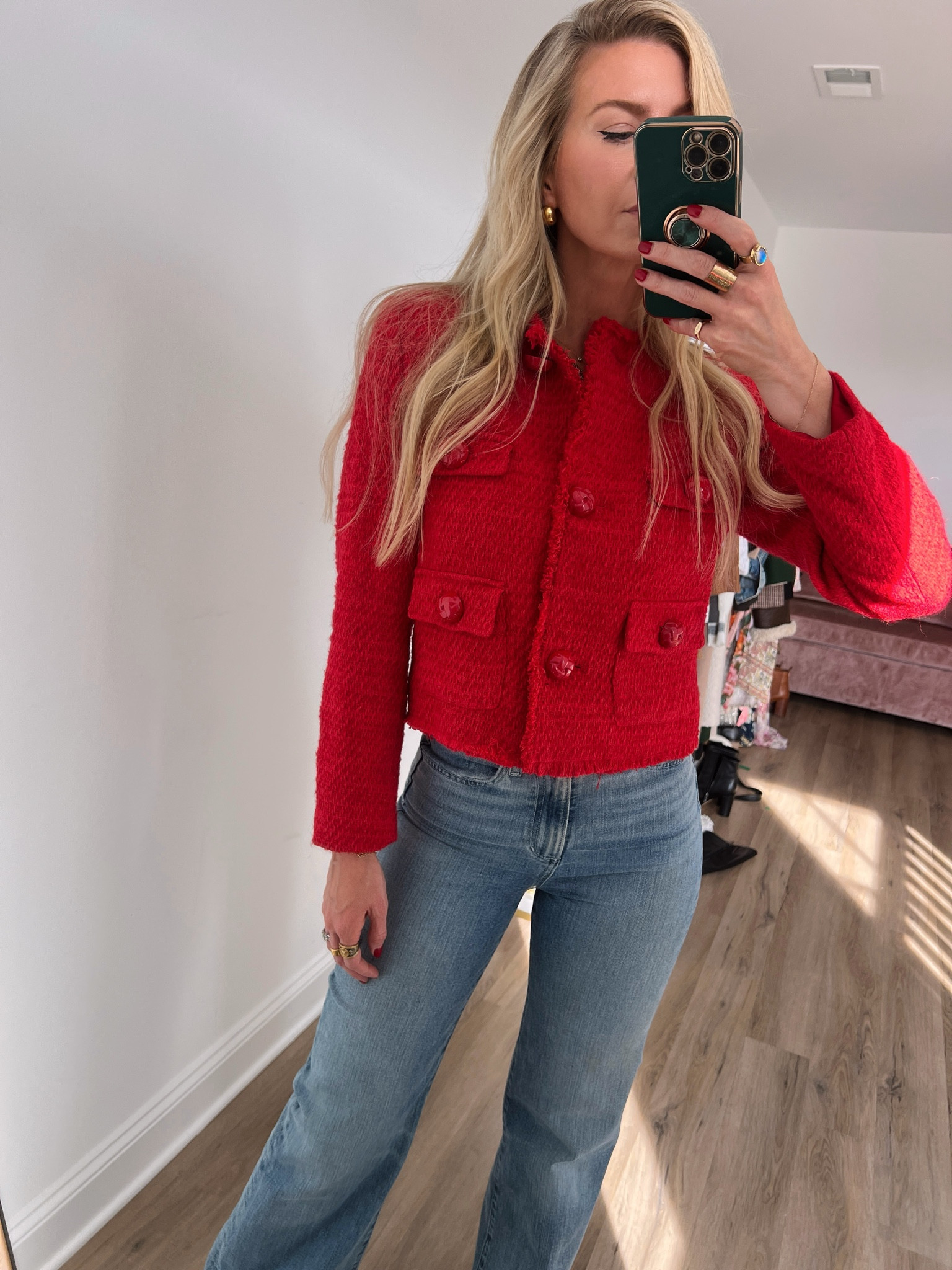 Red cropped tween cardigan + wide leg denim 

#LTKworkwear #LTKparties #LTKHoliday