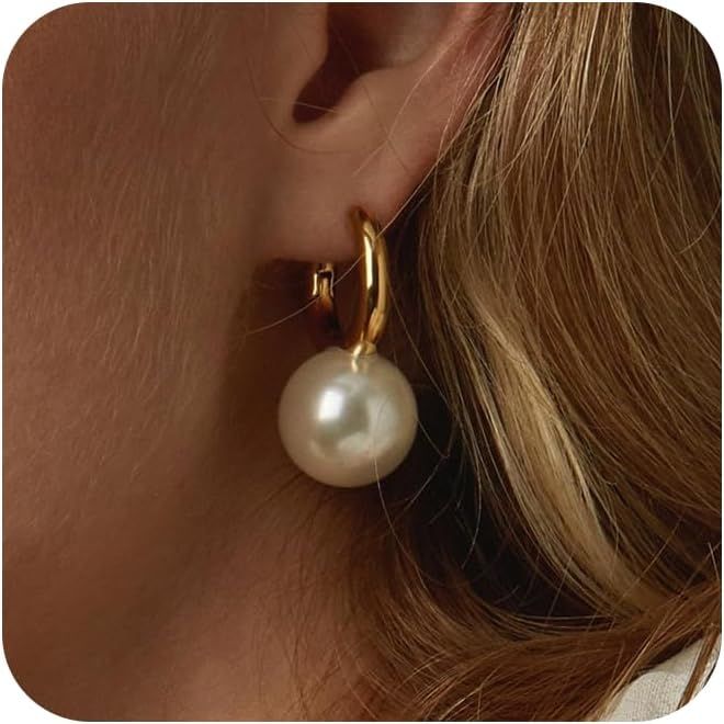 Moodear Gold Pearl Earrings for Women Gold Hoop Earrings 14K Gold Plated Pearls Drop Earrings Tre... | Amazon (US)