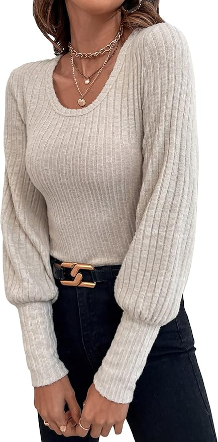 COZYEASE Women's Bishop Long Sleeve Scoop Neck Tee Top Solid Ribbed Knit Casual T Shirt | Amazon (US)