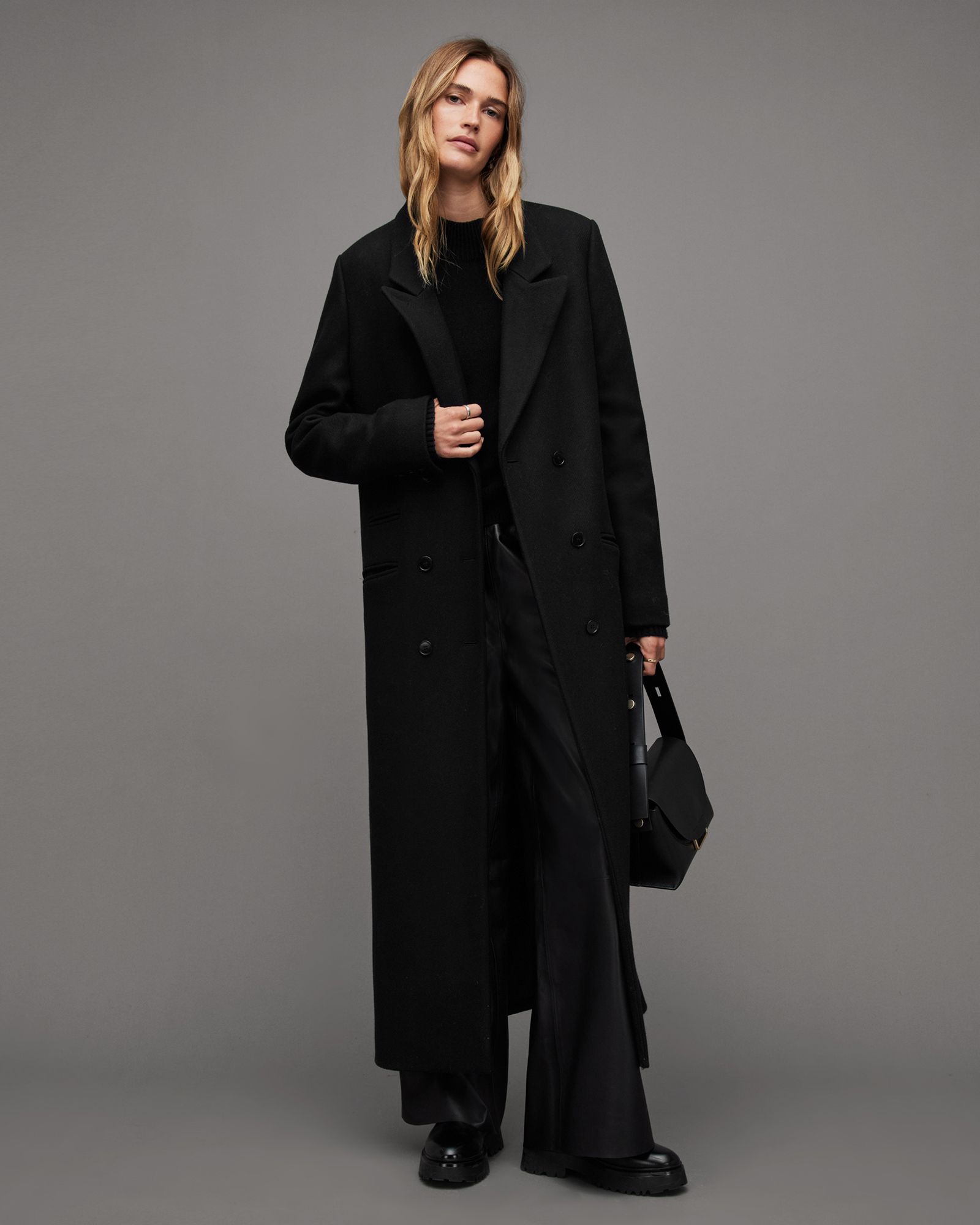 Ellen Long Line Double Breasted Coat Black | ALLSAINTS | AllSaints UK